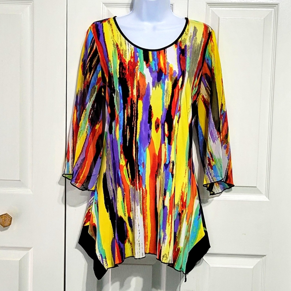 Peter Nygard Colorful Tunic Top Flowey Multicolor Watercolor Sleeves